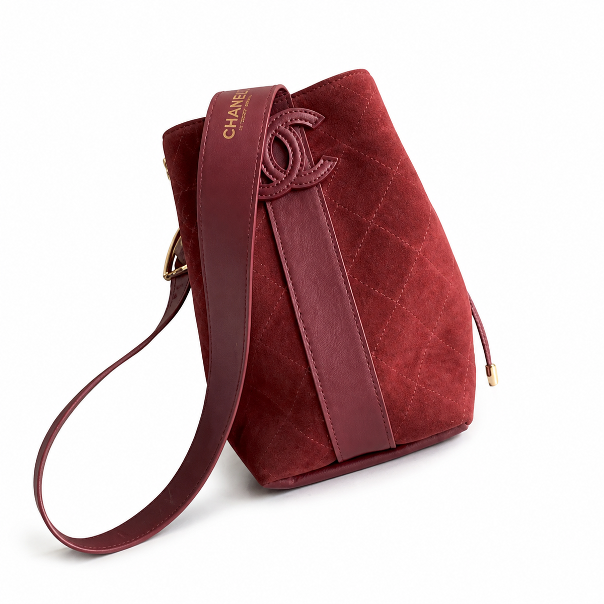 Chanel Bucket Bag Deep Burgundy Quilted Suede | Smooth Leather Strap & Gold Buckle — 23cm
