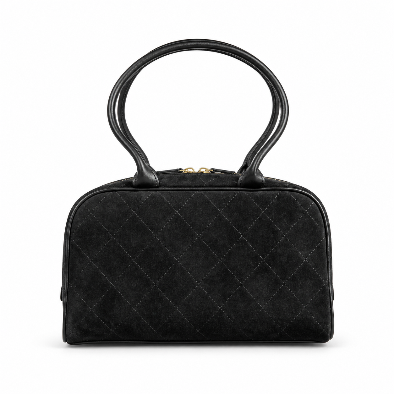 Chanel Bowling Bag Black Diamond-Quilted Suede | Elongated Barrel & Gold Full-Length Zip — 29cm