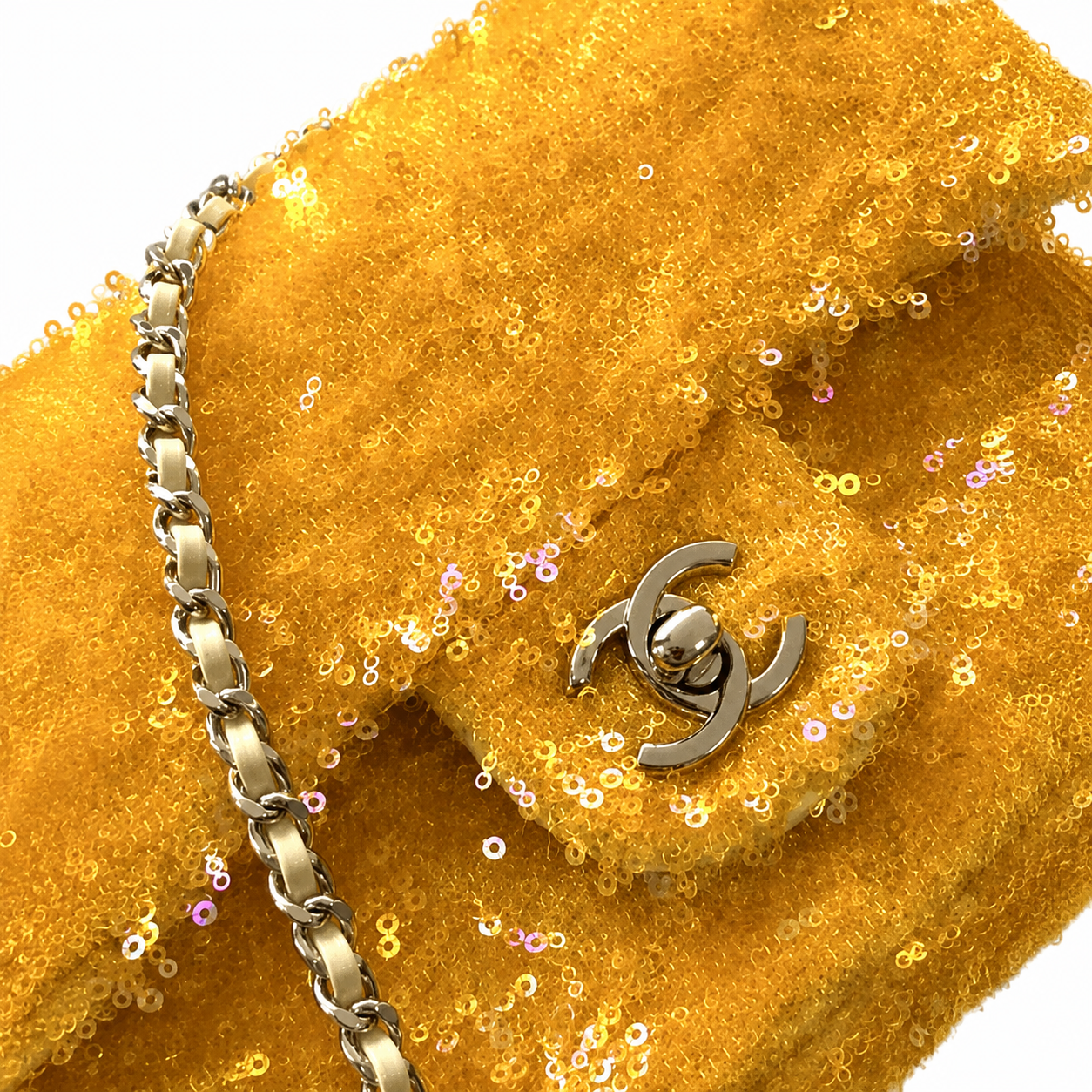 Chanel Sunflower Yellow Sequin on Bouclé Flap Bag | Silver CC & Cream Leather Interior