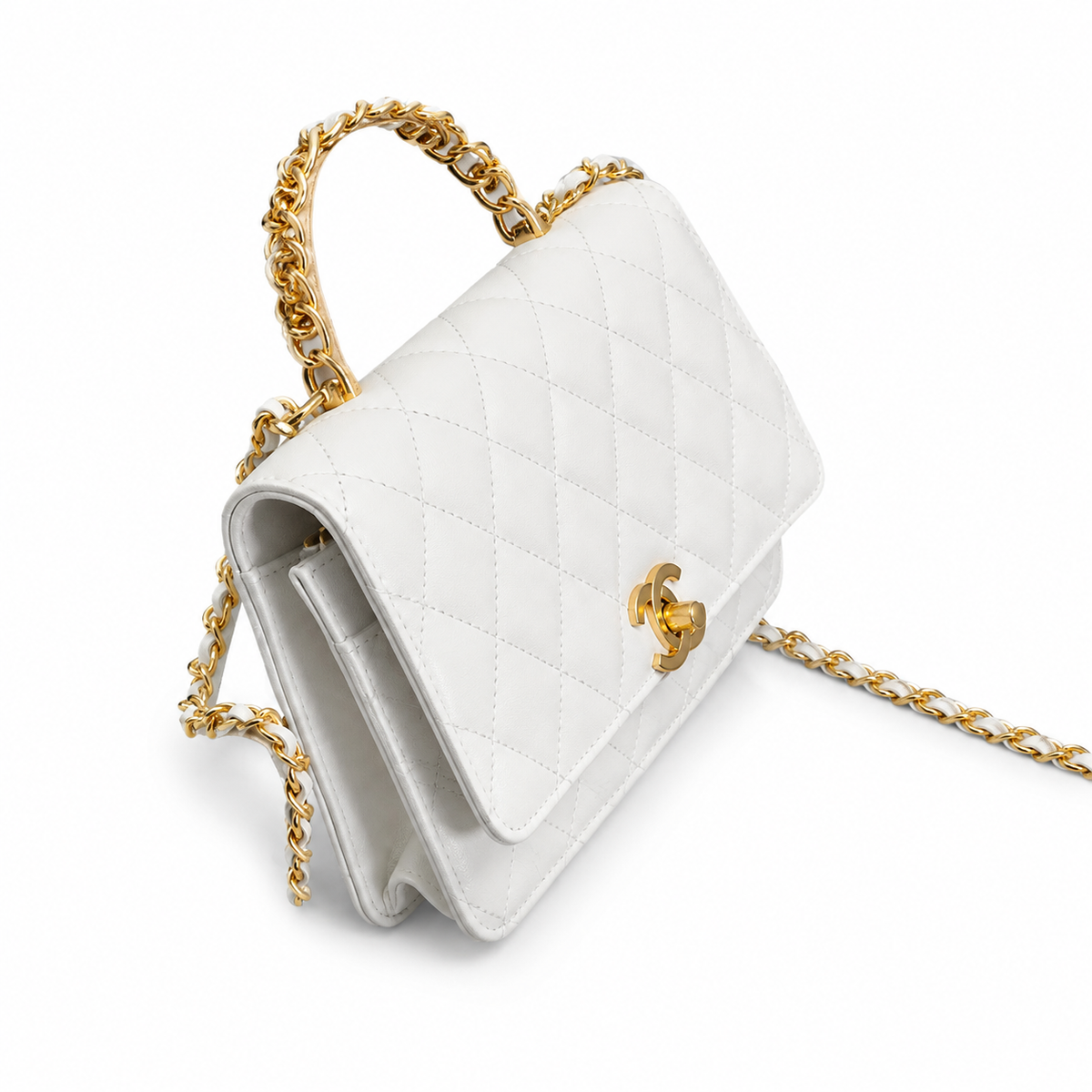 Chanel White Quilted Lambskin Flap Bag | Top Handle & Gold CC Chain