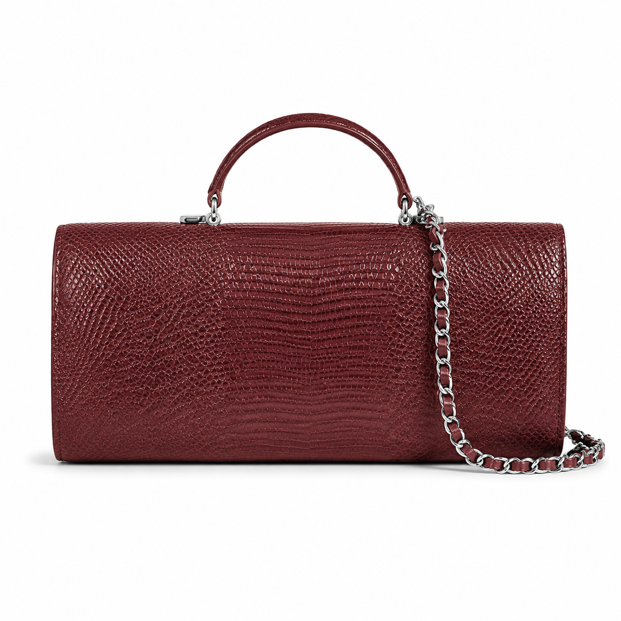 Chanel Cherry Red Lizard-Embossed Baguette Flap Bag | Top Handle & Red-Threaded Silver Chain