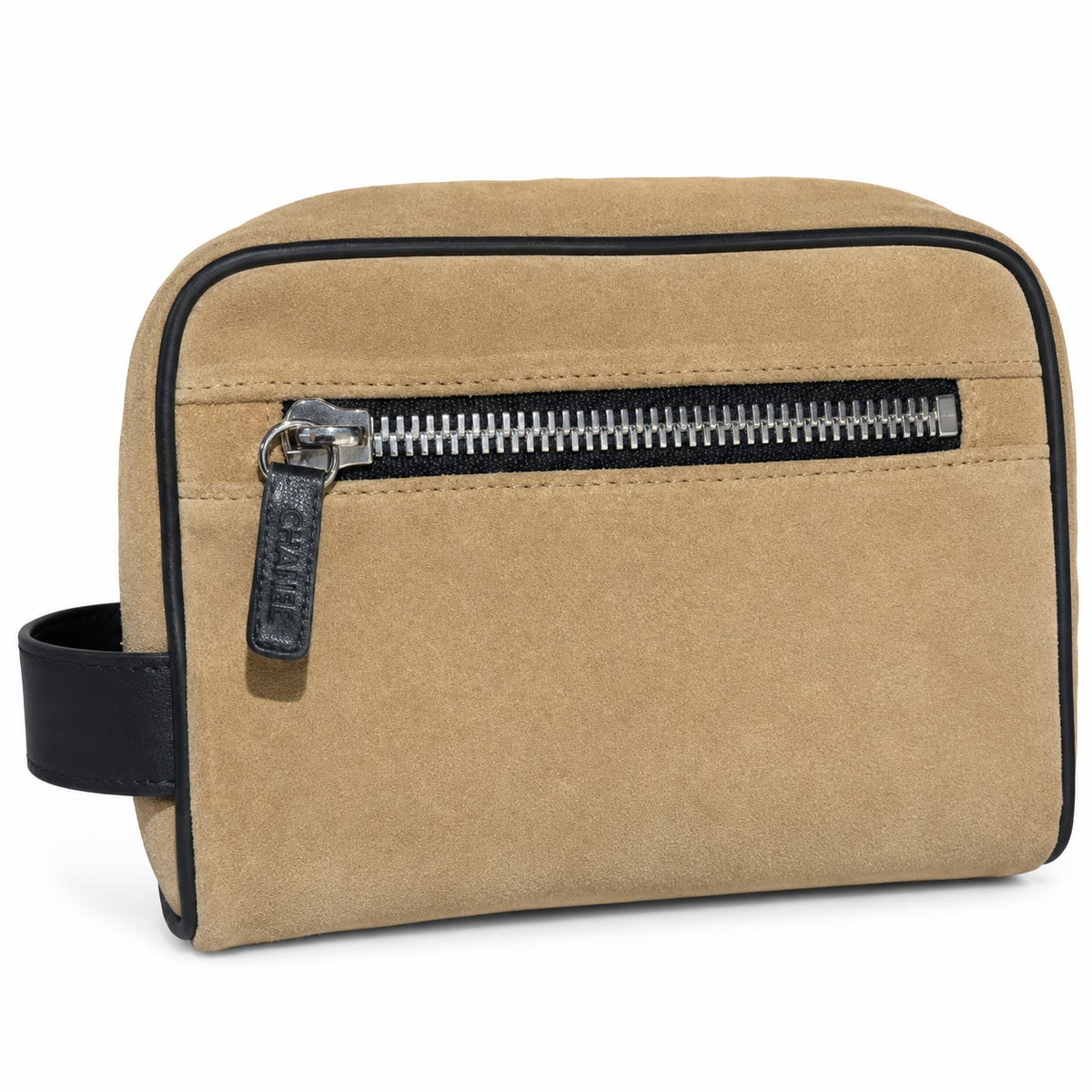 Chanel Camel Suede Barrel Bag | Black CC Appliqué & Black Leather Trim