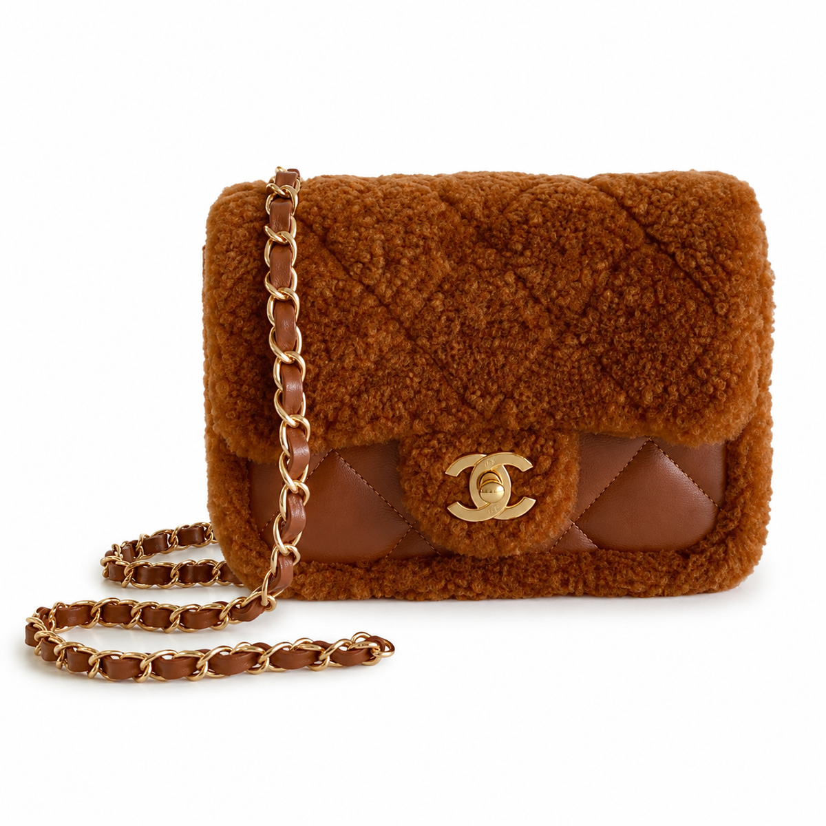 Chanel Shearling Trim Quilted Flap Bag | Gold Chain Caramel Brown — 12x18cm
