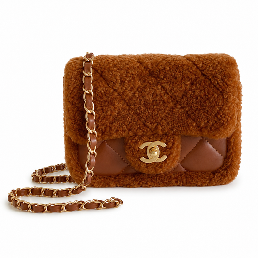 Chanel Shearling Trim Quilted Flap Bag | Gold Chain Caramel Brown — 12x18cm