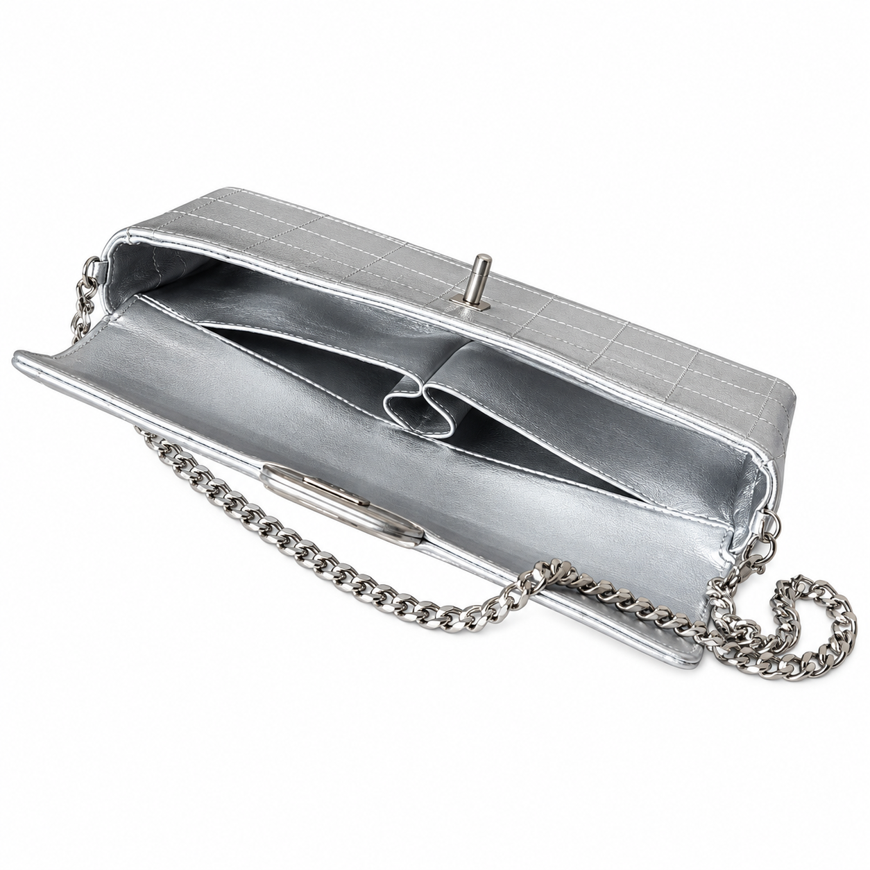 Chanel Metallic Square Quilted East West Flap Bag Silver 26cm