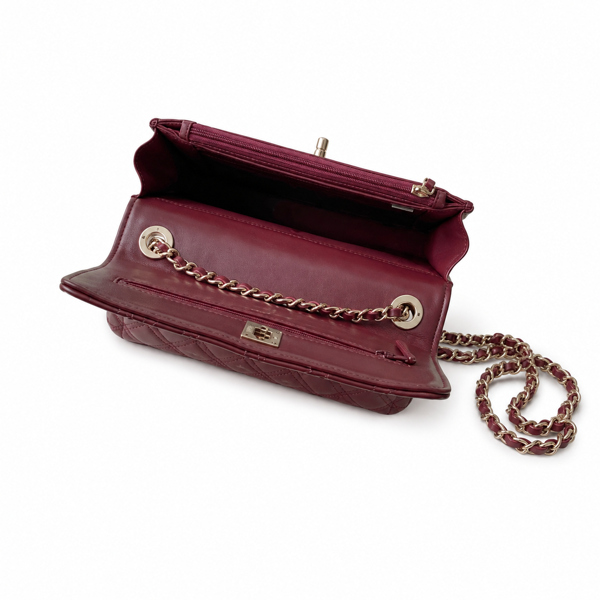 Chanel Burgundy Quilted Lambskin Flap Bag | Pavé Crystal & Pearl CC Turn-Lock, Gold Leaf Motif & Rigid Top Handle