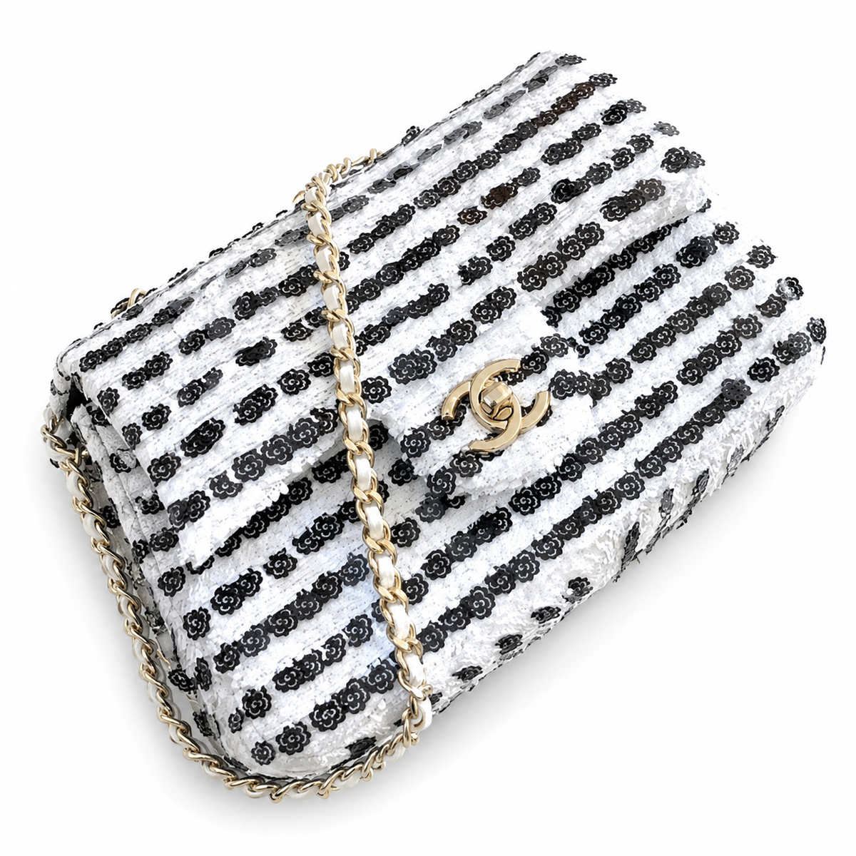Chanel Floral Bead Stripe Flap Bag | CC Gold Chain Black White — 14x21cm