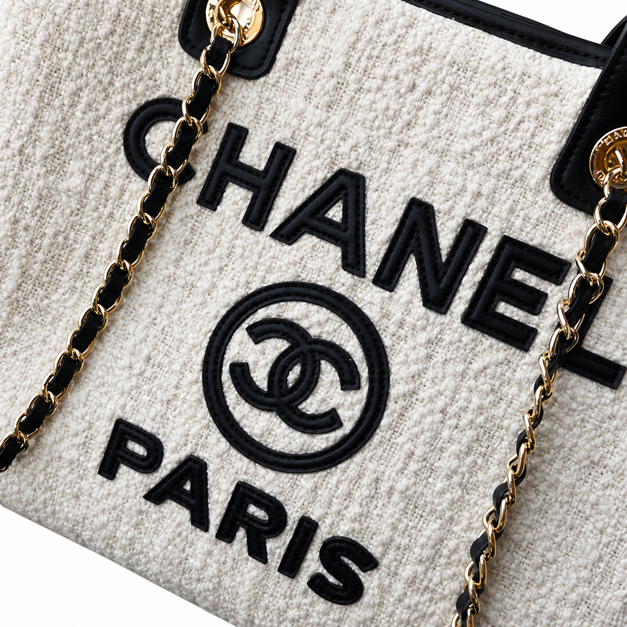 Chanel Deauville Tote Ivory Bouclé | Black Leather CHANEL CC PARIS Appliqué & Gold Chain — 33cm