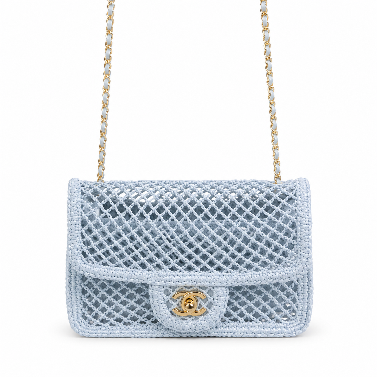 Chanel Pale Blue Open-Weave Crochet Classic Double Flap | Gold CC — 21cm