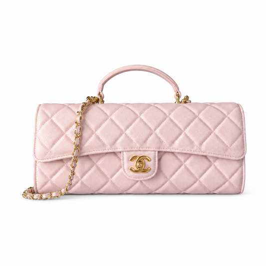 Chanel Petal Pink Diamond-Quilted Lambskin Elongated Flap Bag | Gold Heart Charms & Gold Chain