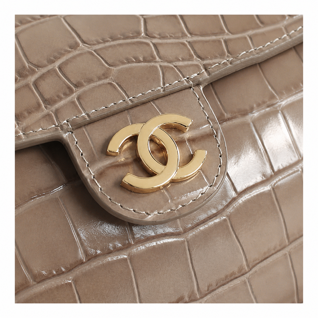 Chanel CC Croc-Embossed Cylindrical Flap Bag | Taupe & Gold — 23cm