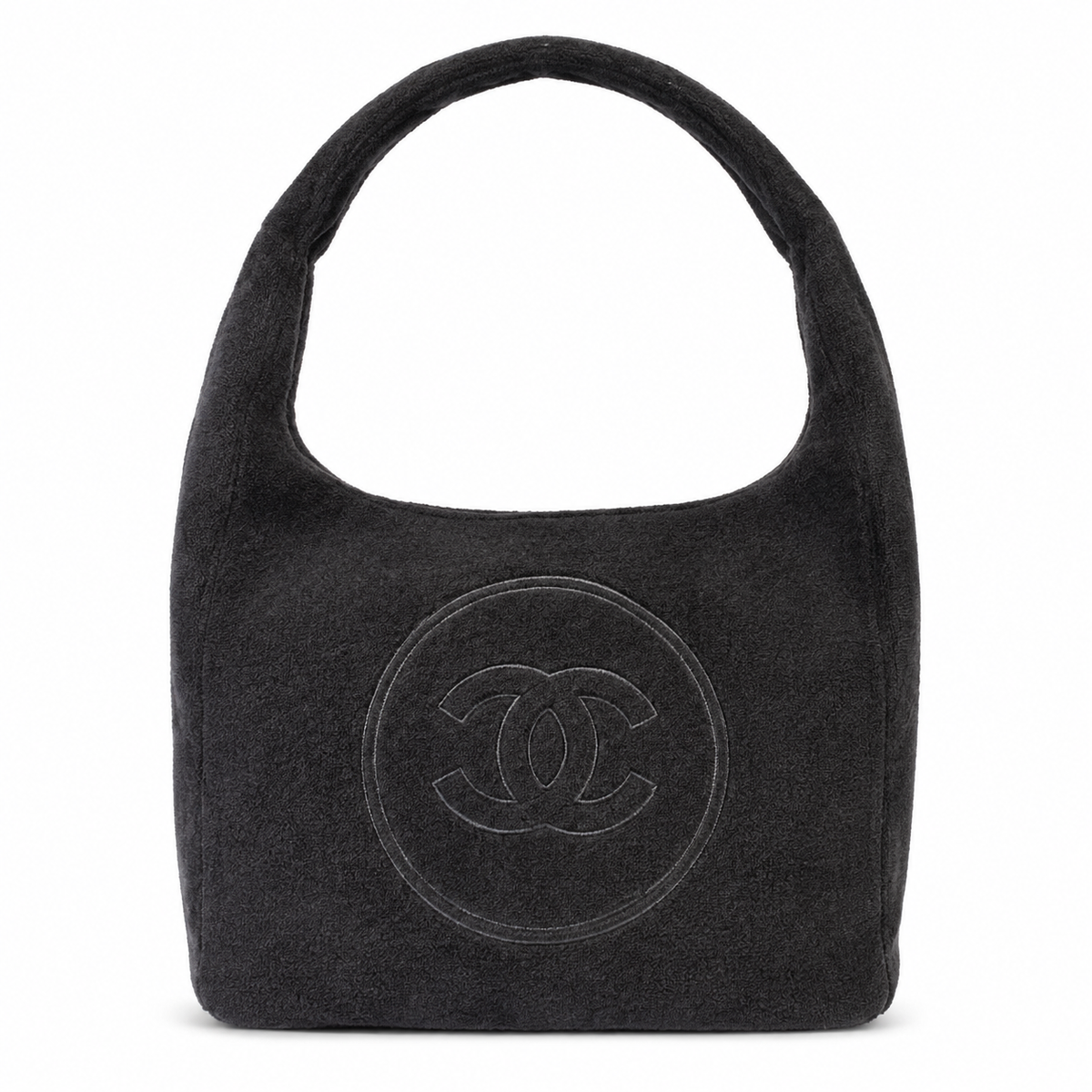 Chanel Black Terry Cloth Hobo Bag | Tonal CC Embroidery & No Hardware