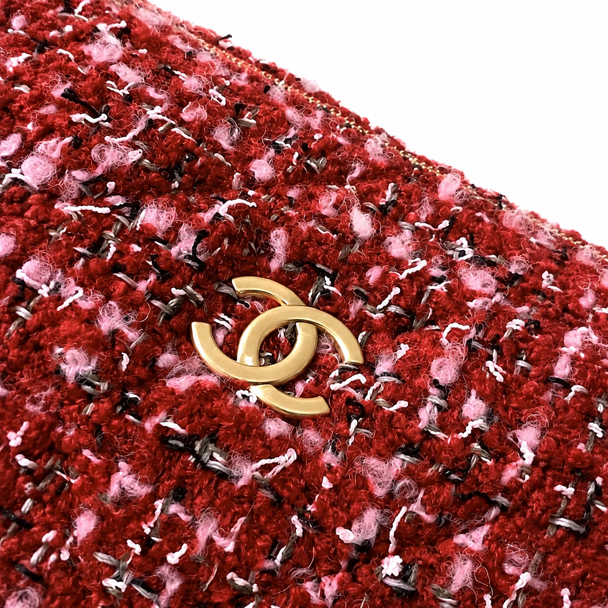 Chanel Red Multicolour Bouclé Tweed Camera Bag | Front Zip Pocket, Antique Gold CC & Red Leather Chain