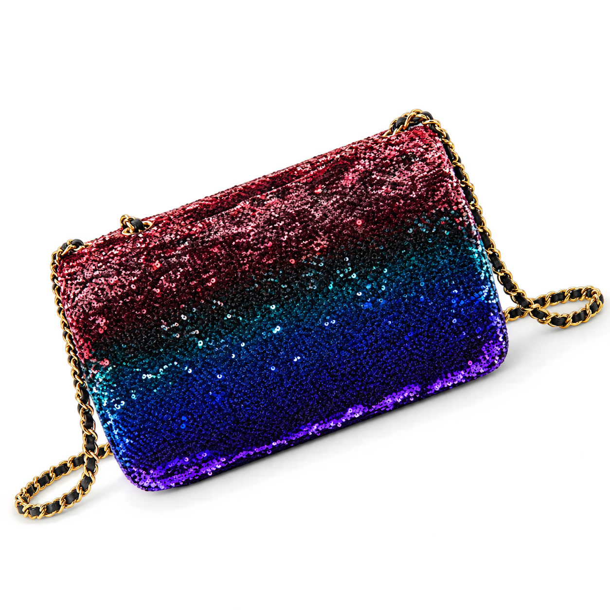 Chanel Aurora Ombré Sequin Flap Bag | Burgundy to Teal to Violet 5-Zone Gradient, Champagne Gold CC & Purple Chain