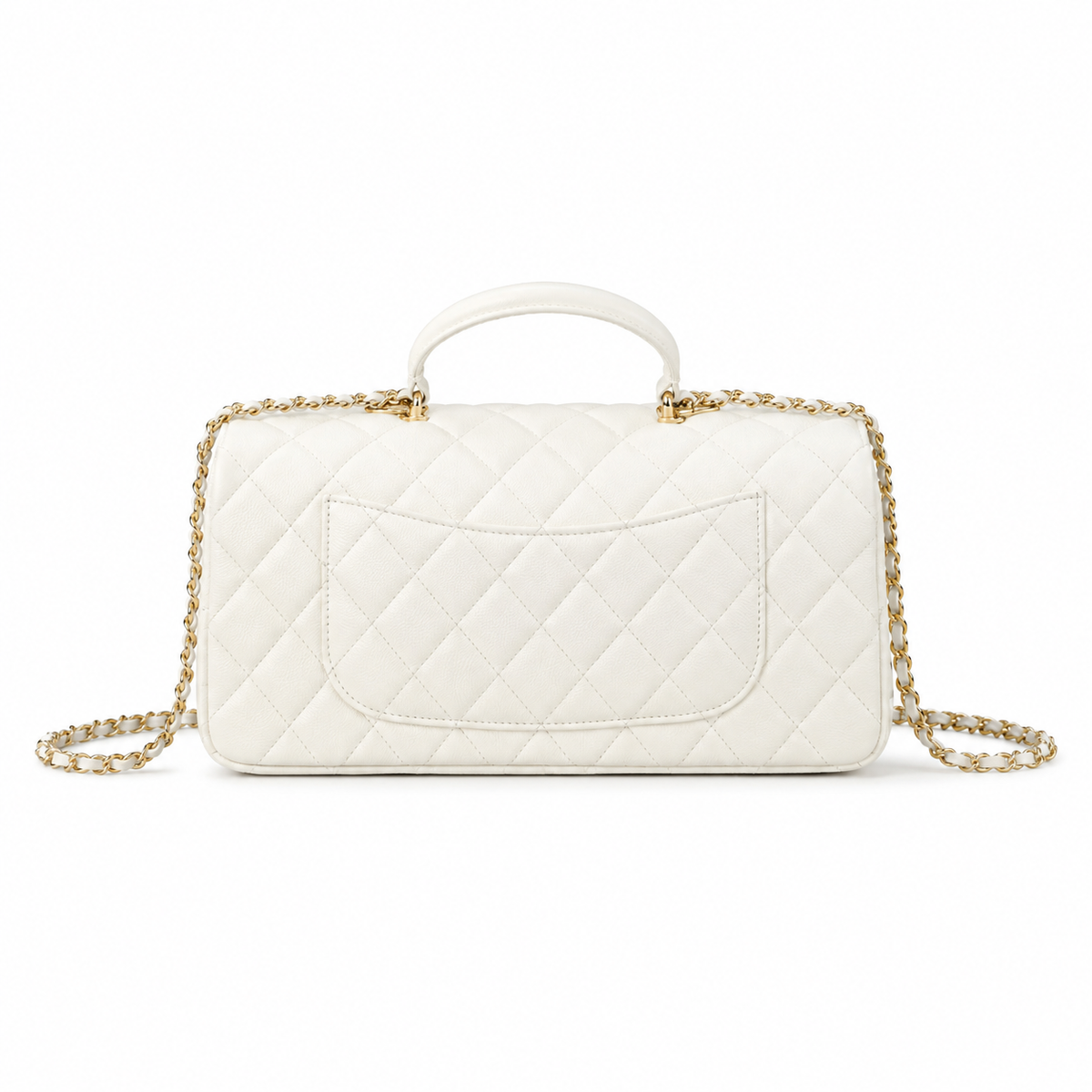 Chanel White Quilted Lambskin Rectangular Flap Bag | Top Handle & Gold Chain