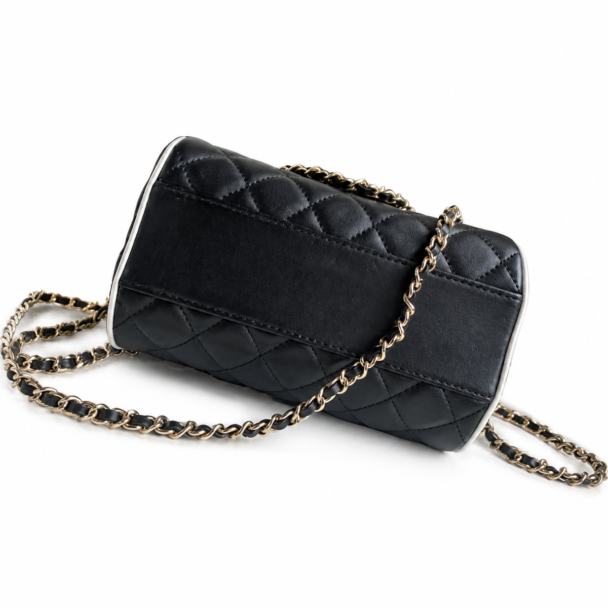 Chanel Quilted Barrel Bag | CC Logo Gold Chain Black White — 11.5x18.5cm