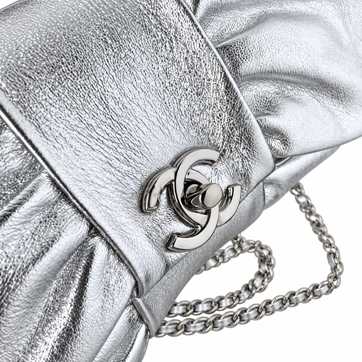 Chanel Bow Bag Ruched Metallic Crinkled Calfskin Silver 22cm