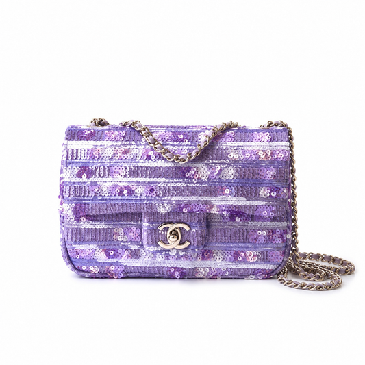 Chanel Lavender Sequin Classic Double Flap | Horizontal Shimmer & Pink Accents — 21cm
