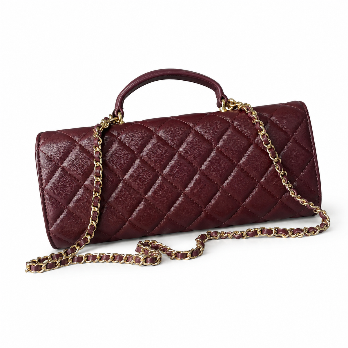 Chanel Dark Burgundy Diamond-Quilted Grained Leather Elongated Flap Bag | Top Handle & Gold Chain