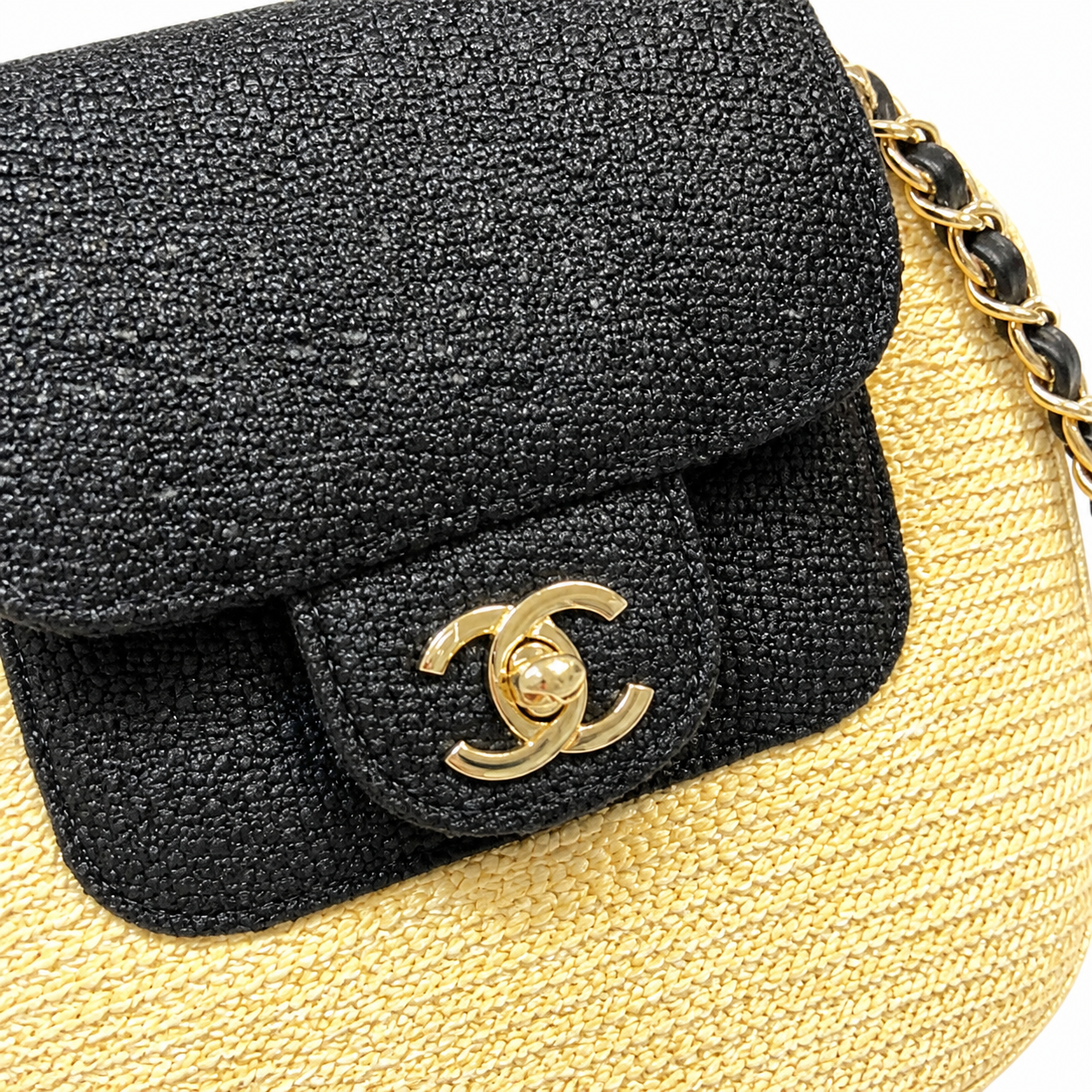 Chanel Small Basket Bag Natural Raffia & Black Grosgrain | Gold CC Turn-Lock & Side Zip — 41cm