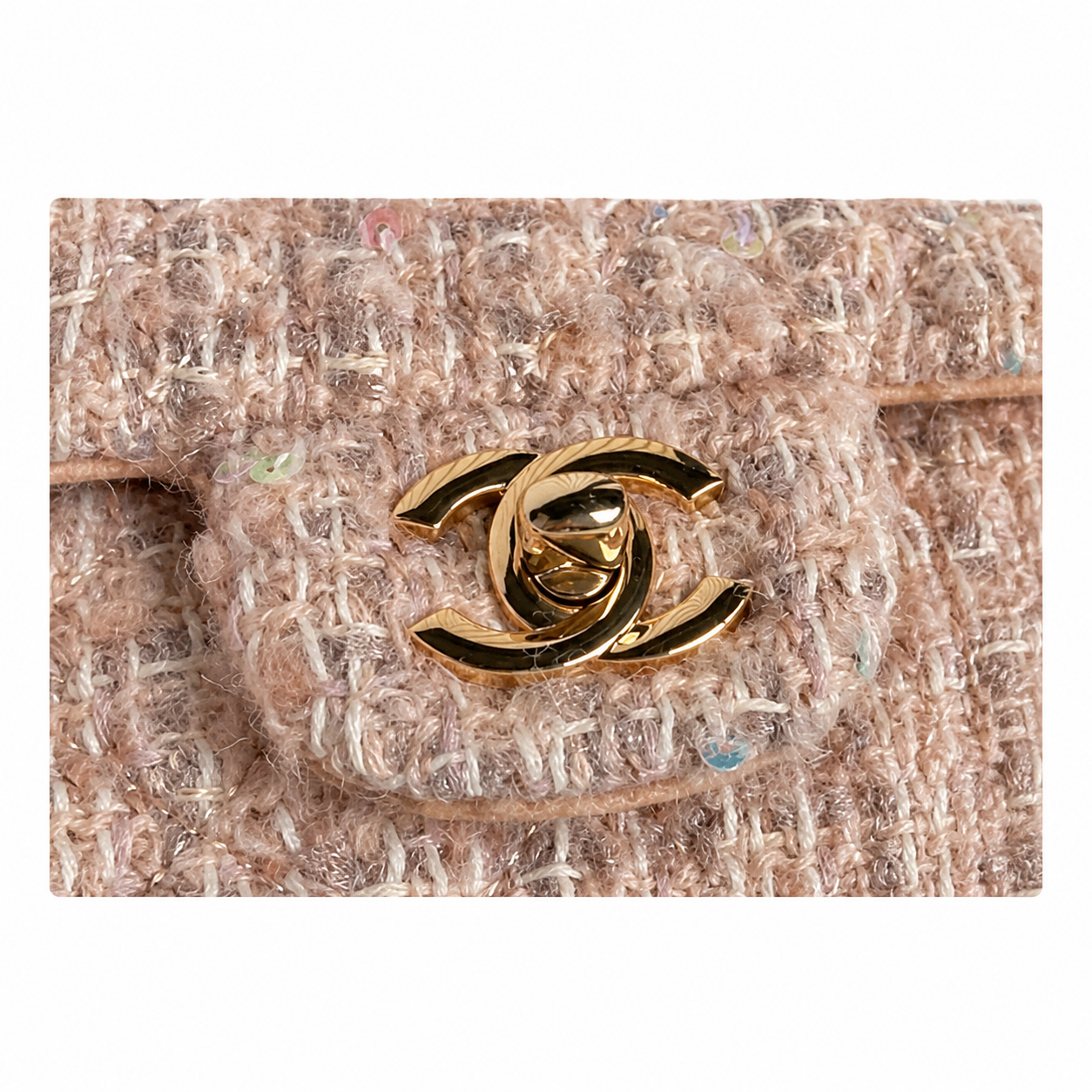 Chanel Classic Small Flap Bag Blush Pink Sequin-Embellished Tweed | Gold CC & Pink Chain — 20cm