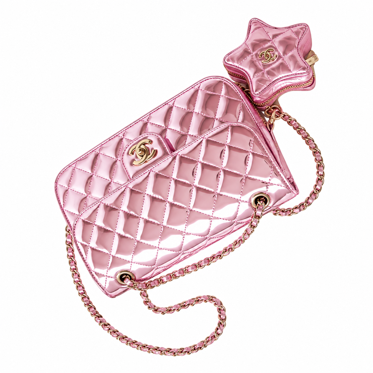 Chanel Quilted Metallic Flap Bag with Star Coin Purse Pink 15.5×24×7.5cm