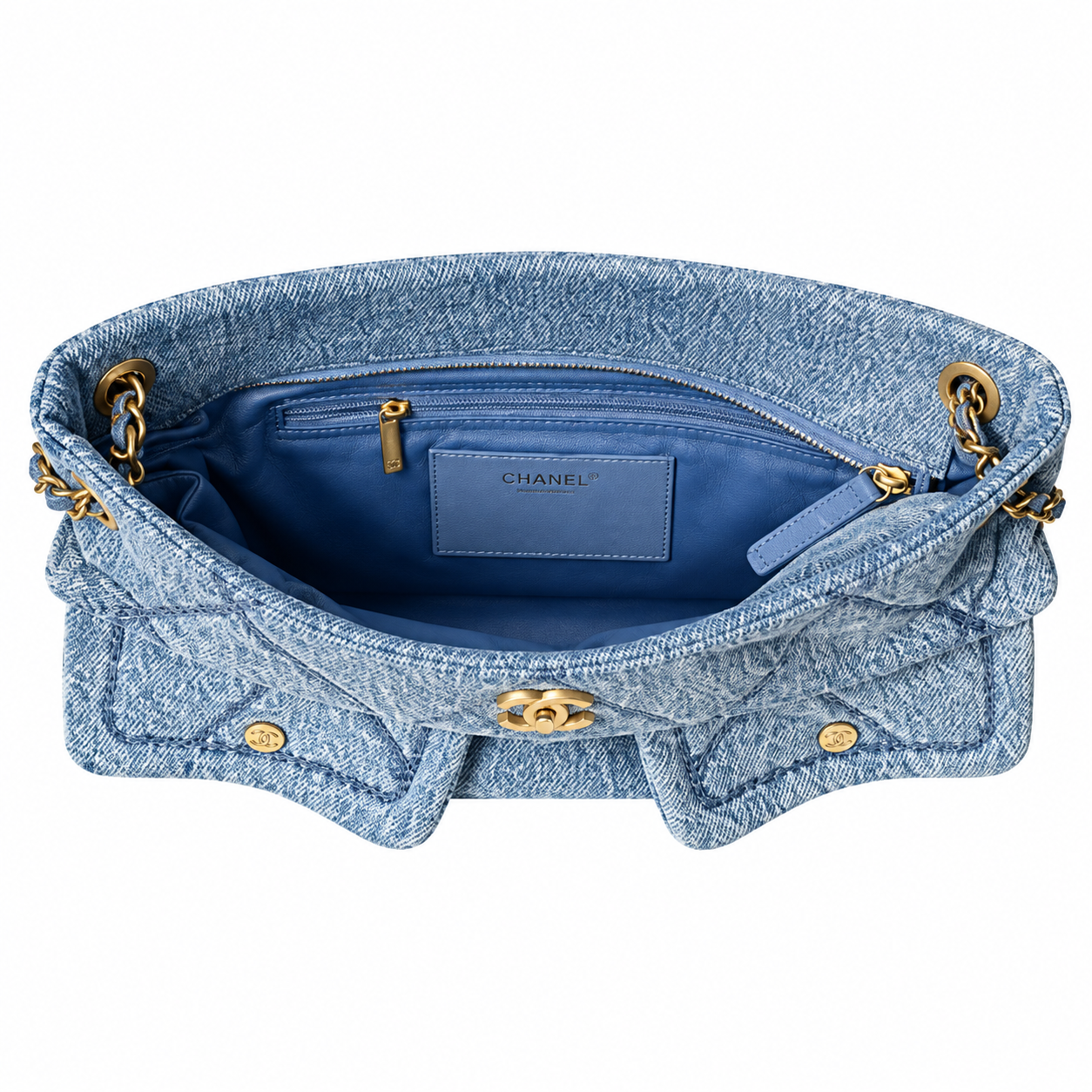 Chanel Quilted Denim Large Shopping Bag Blue 25.5×38×10.5cm