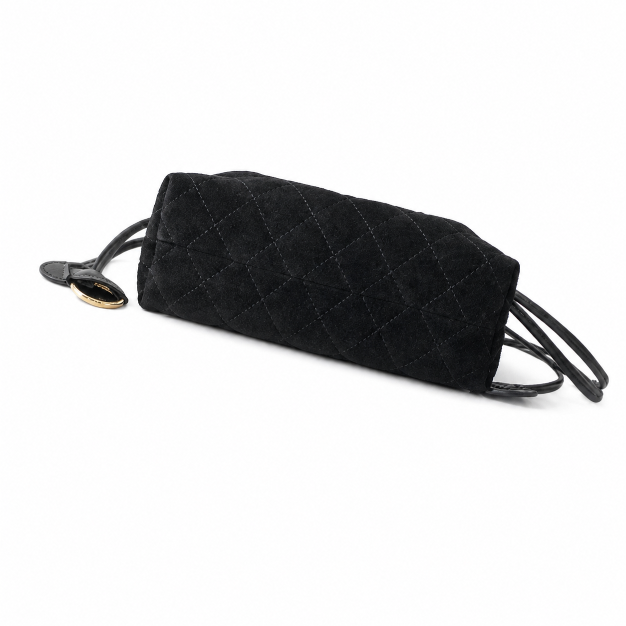 Chanel Black Quilted Suede Drawstring Bucket Bag | Gold CC Charm & D-Ring — 22cm