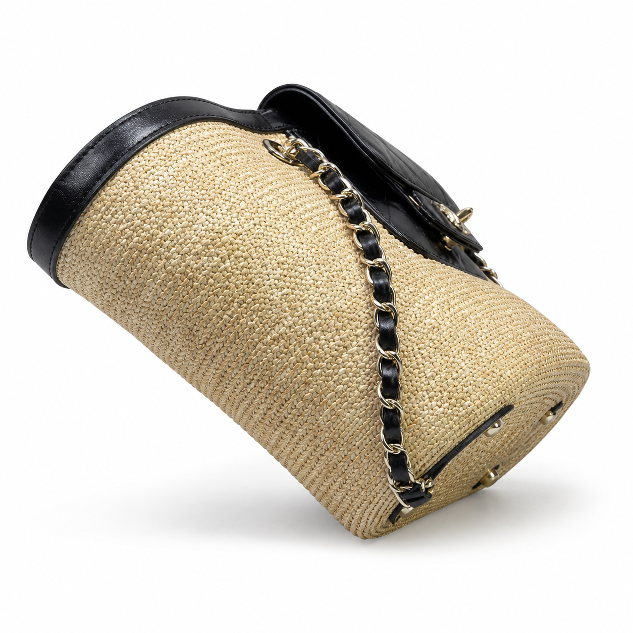 Chanel Small Basket Bag Natural Raffia & Black Quilted Lambskin | Silver CC Turn-Lock — 41cm