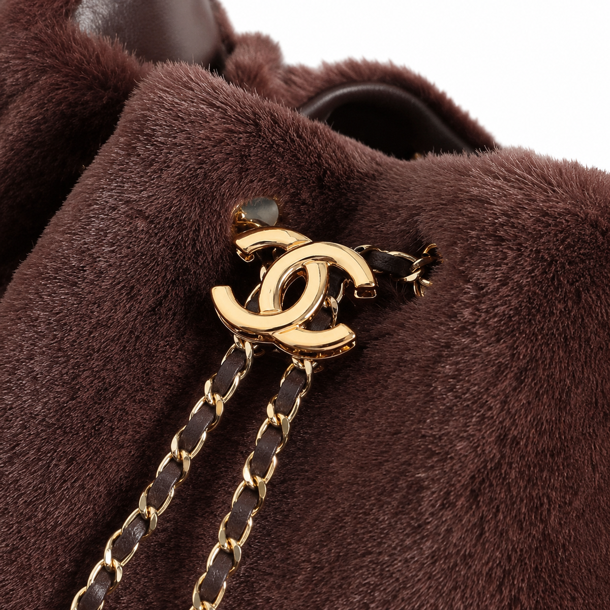 Chanel Chocolate Brown Shearling Shoulder Bag | Gold CC Turn-Lock & Leather-Woven Chain