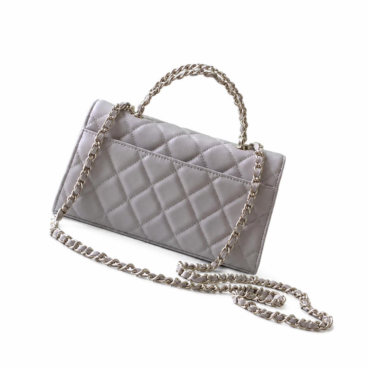 Chanel Dove Grey Quilted Leather Mini Top Handle Flap Bag with All-Metal Silver Chain