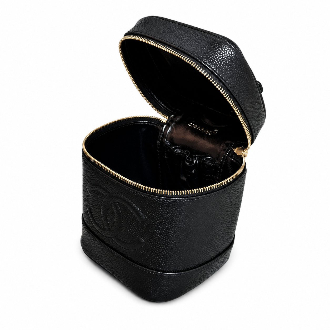 Chanel CC Caviar Leather Vanity Cylinder Case | Black & Gold Zip — 17cm