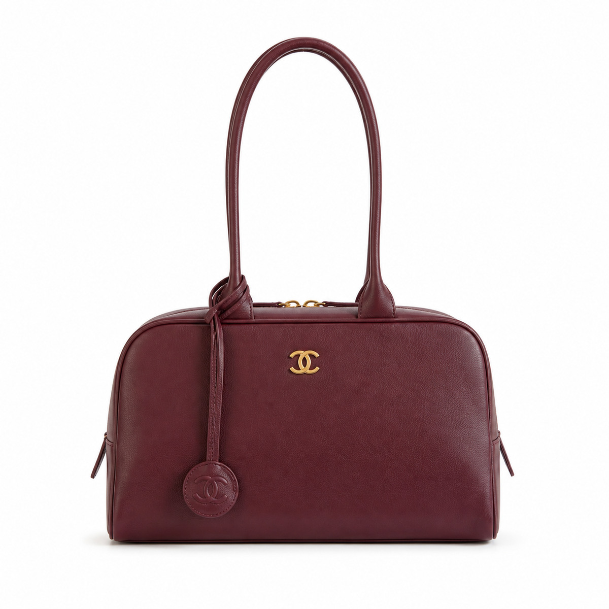 Chanel Bowling Bag Burgundy Embossed Lambskin | Logo-Minimal & Cream Interior — 29cm