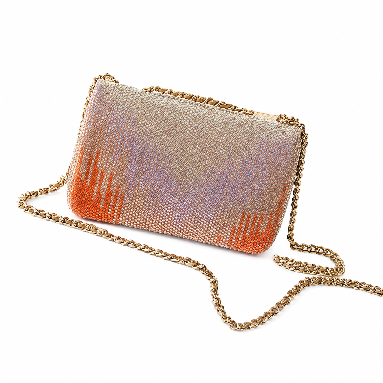 Chanel Coral Drip Ombré Full Crystal Pavé Flap Bag | Champagne Pink to Pearl White & Chunky Gold Chain