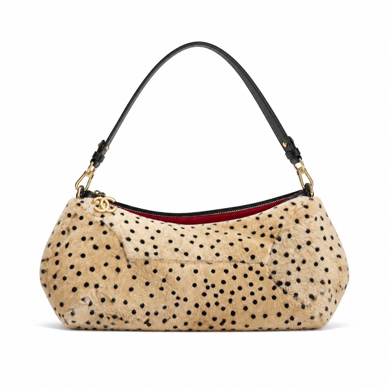 Chanel CC Polka Dot Shearling Flap Tote | Cream & Black Gold CC — 36cm