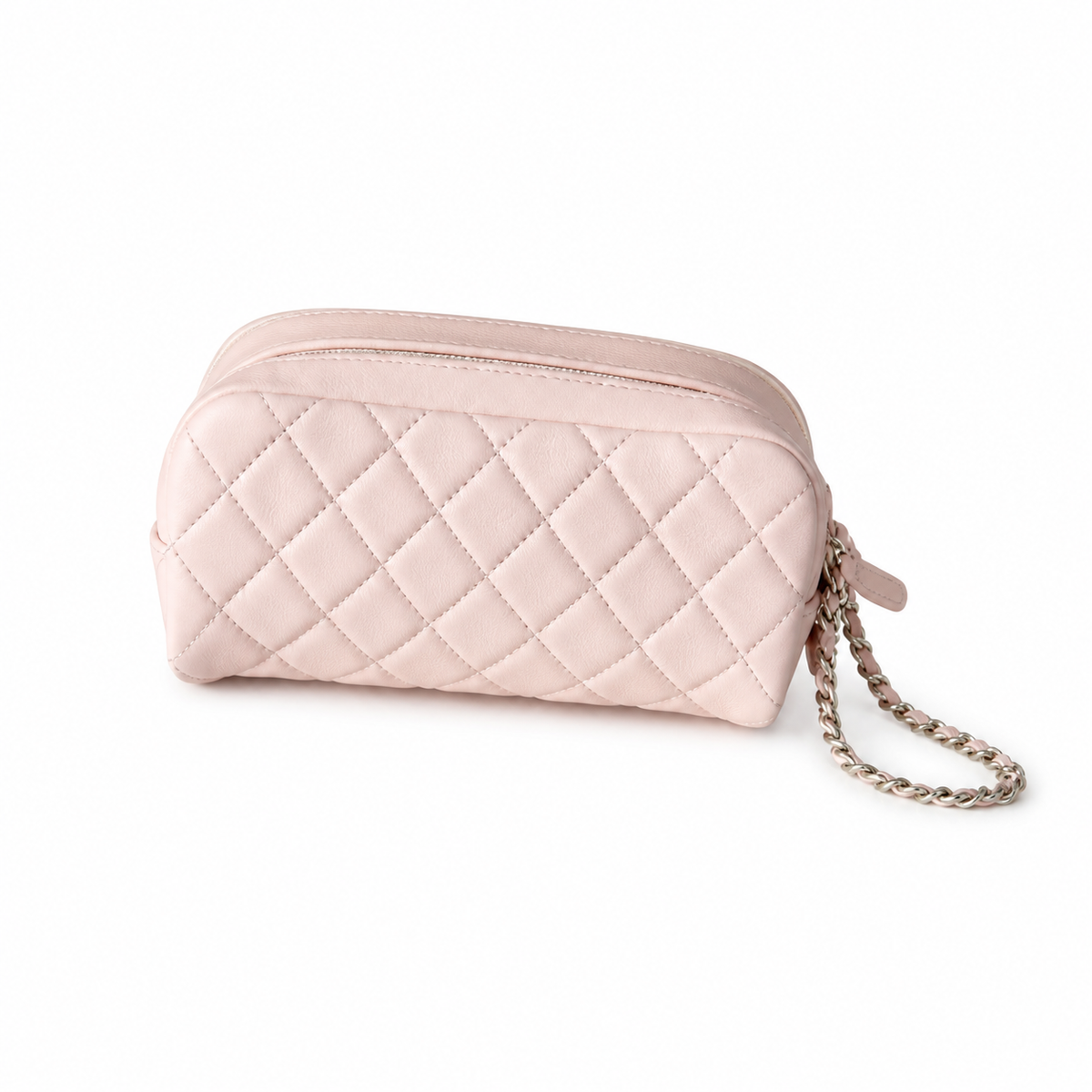 Chanel CC Quilted Cosmetic Pouch | Blush Pink & Silver Chain — 18cm