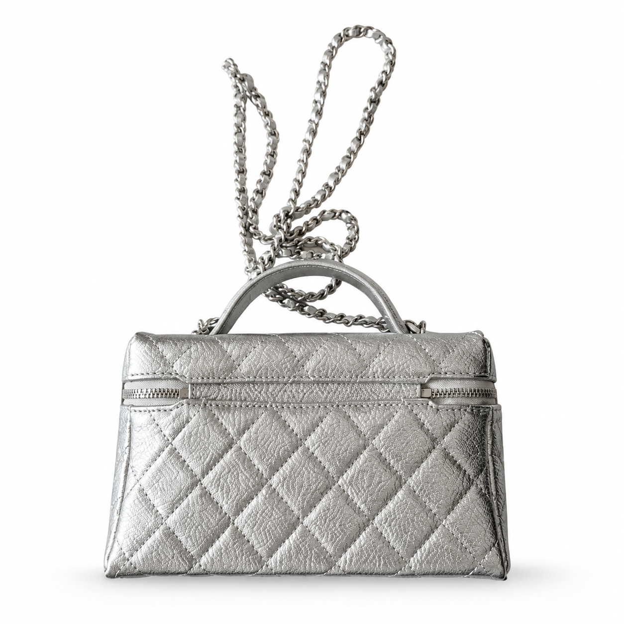 Chanel Silver Metallic Quilted Caviar Vanity Box Bag | Top Handle & Silver Chain