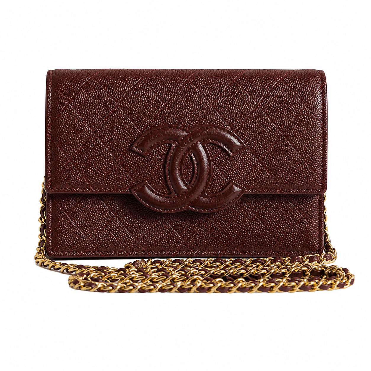 Chanel Burgundy Caviar WOC | Seam-Crossing CC & Gold Chain — 19cm
