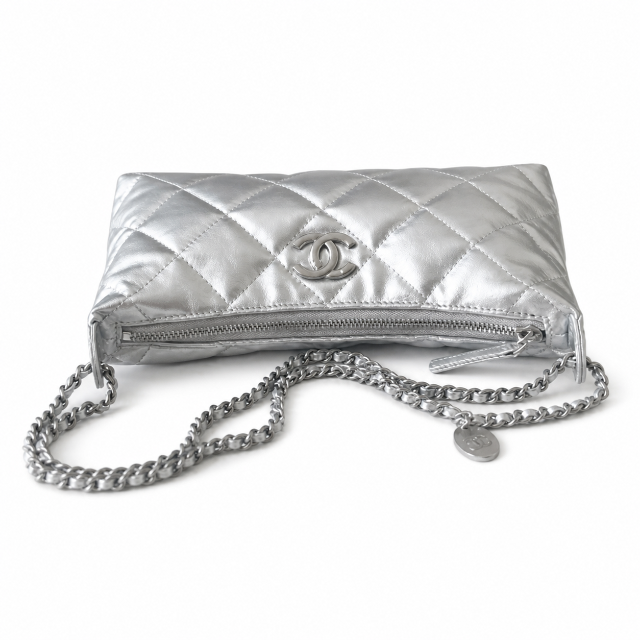 Chanel Silver Metallic Quilted Hobo | Tonal CC & Draped All-Chain Strap — 26cm