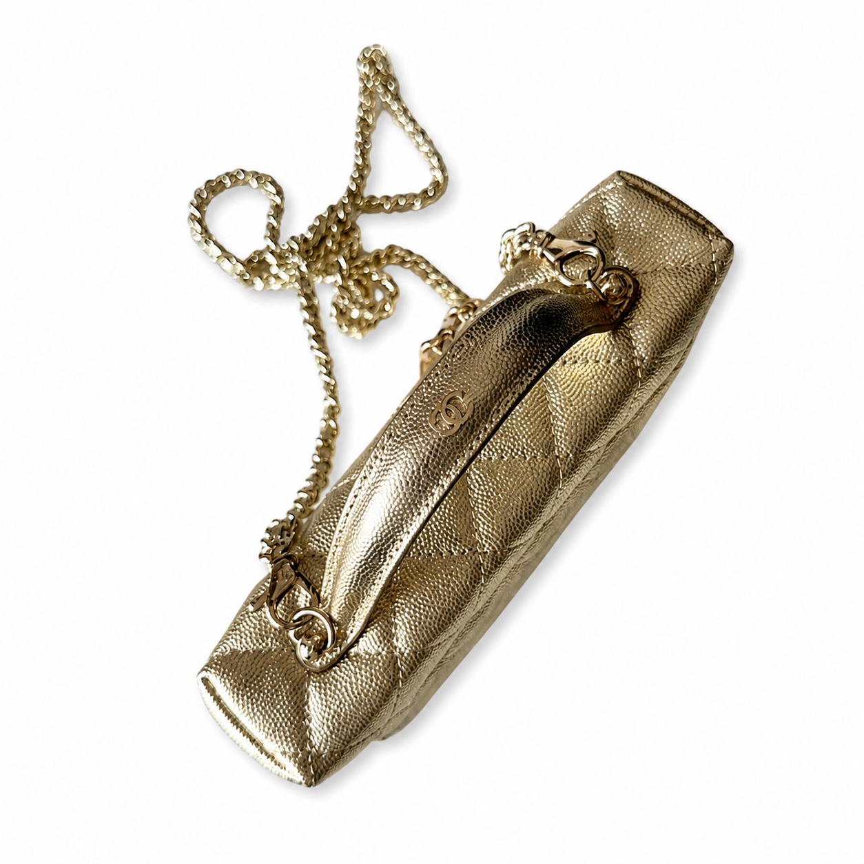 Chanel Gold Metallic Quilted Vanity Box Bag | Top Handle & Long Gold Chain