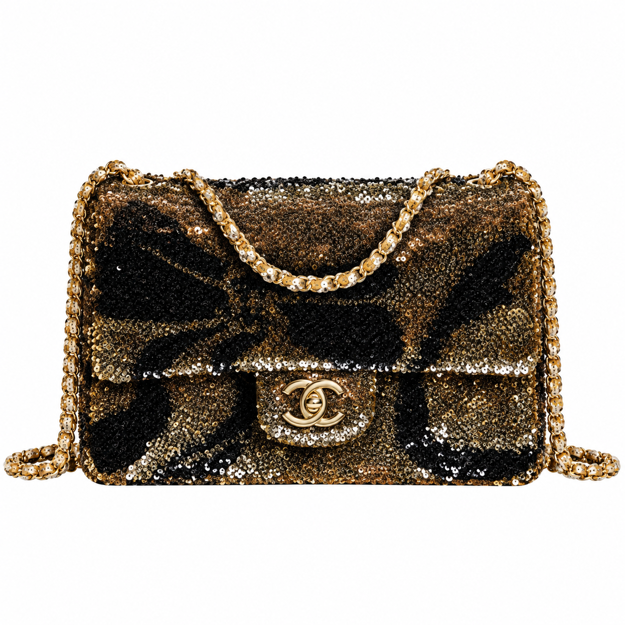 Chanel Classic Flap Leopard Sequin Black Gold 21cm