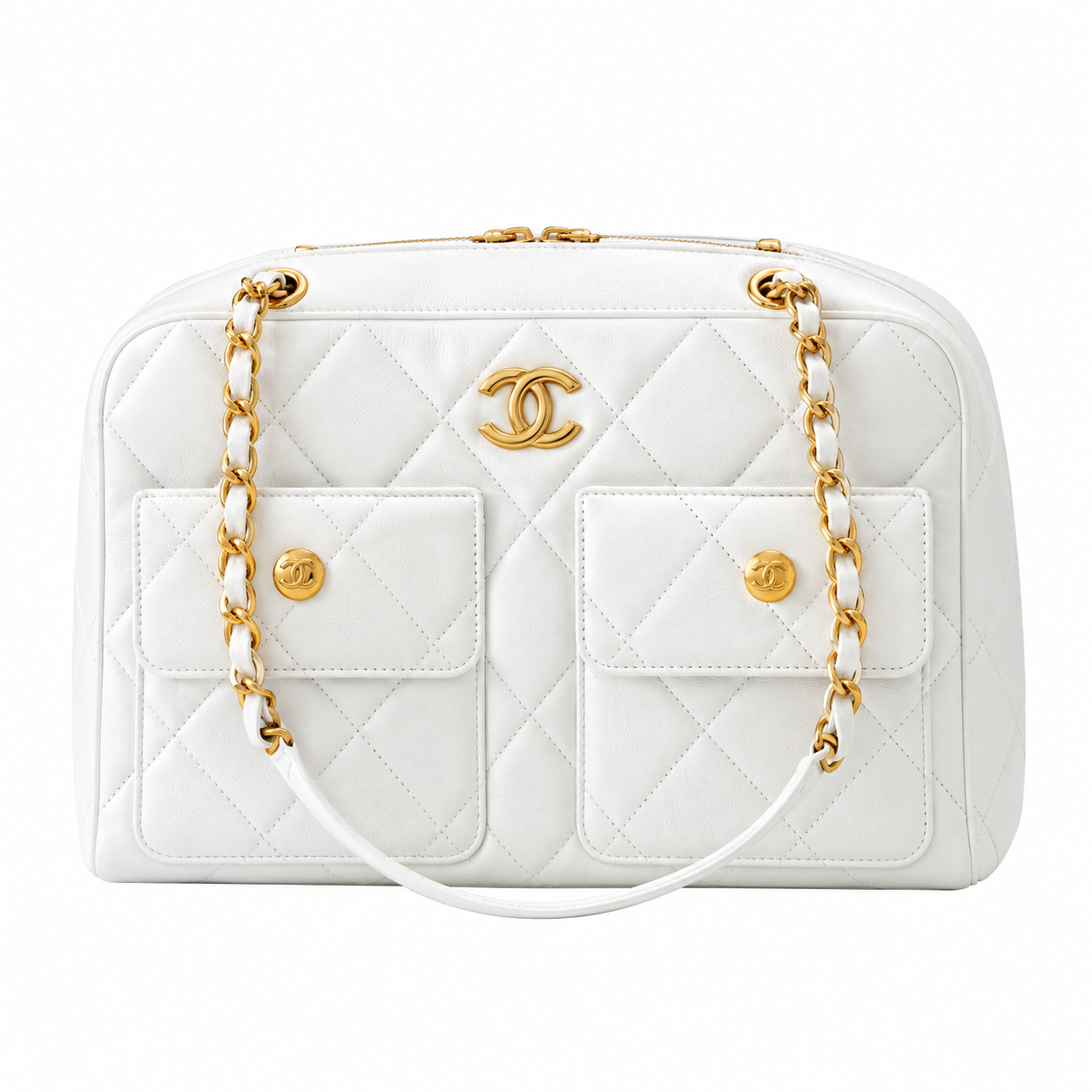 Chanel Quilted Lambskin Bowling Bag White 21×33×15cm