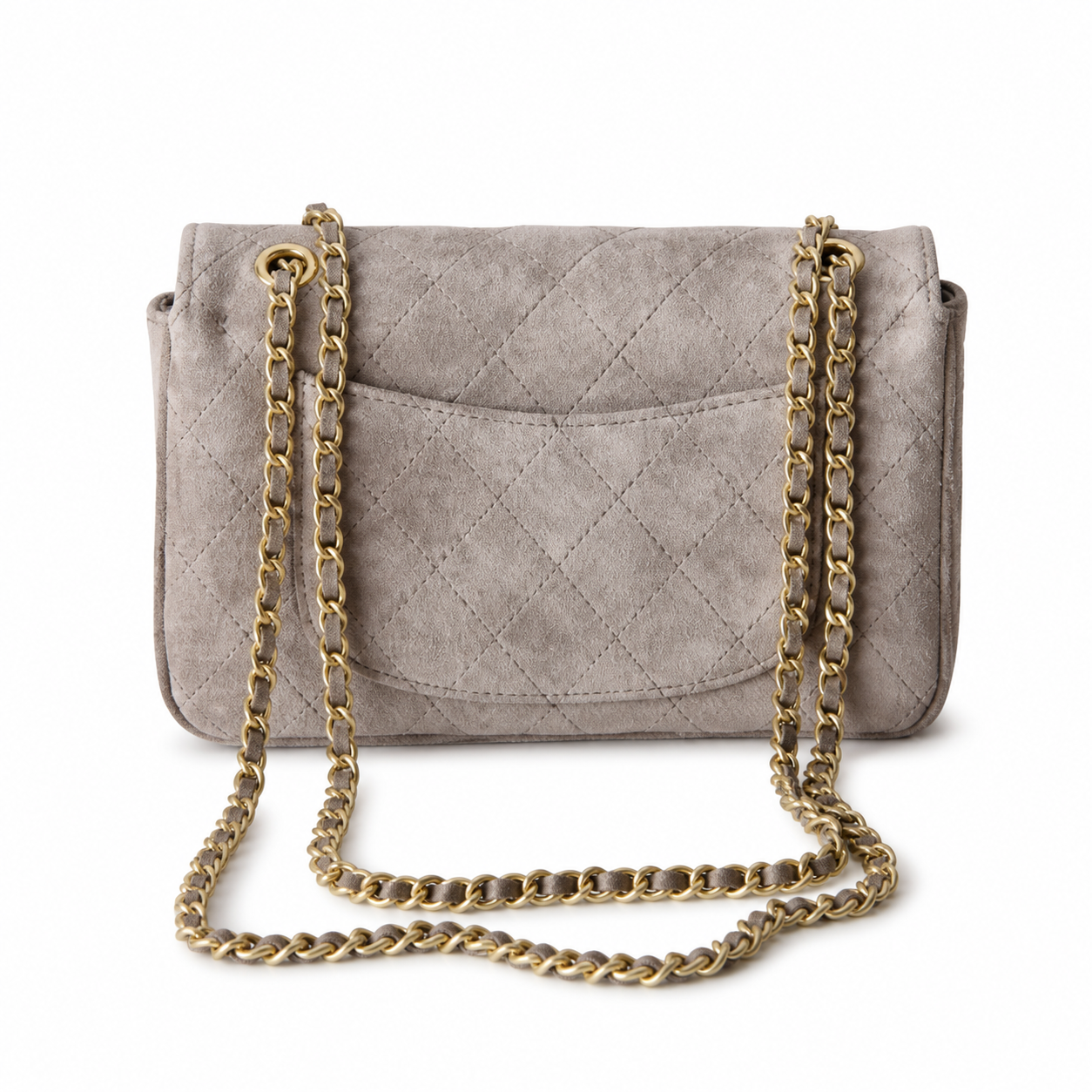 Chanel Classic Single Flap Bag Dove Grey Quilted Suede | Matte Gold CC Turn-Lock — 20cm