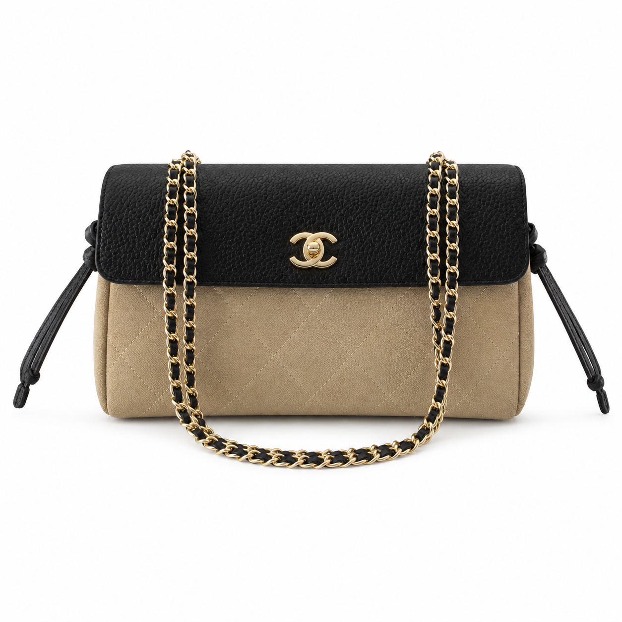 Chanel Two-Tone Drawstring Flap Black Caviar & Taupe Suede | Gold CC Turn-Lock — 29cm