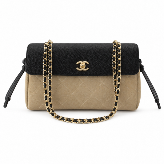 Chanel Two-Tone Drawstring Flap Black Caviar & Taupe Suede | Gold CC Turn-Lock — 29cm
