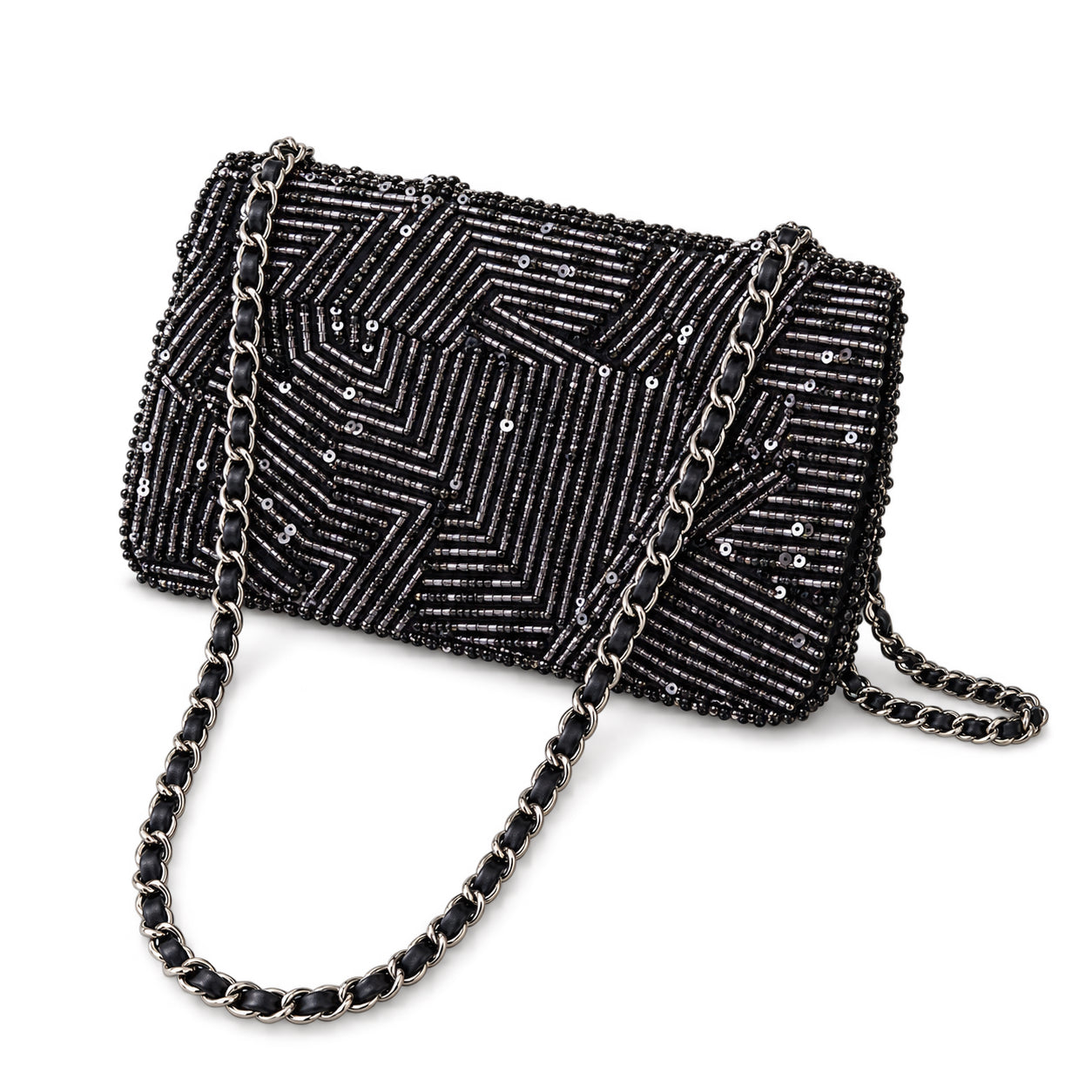 Chanel Small Flap Bag Black Micro-Bead & Sequin Hand-Embroidered Chevron | Ruthenium Chain — 20cm