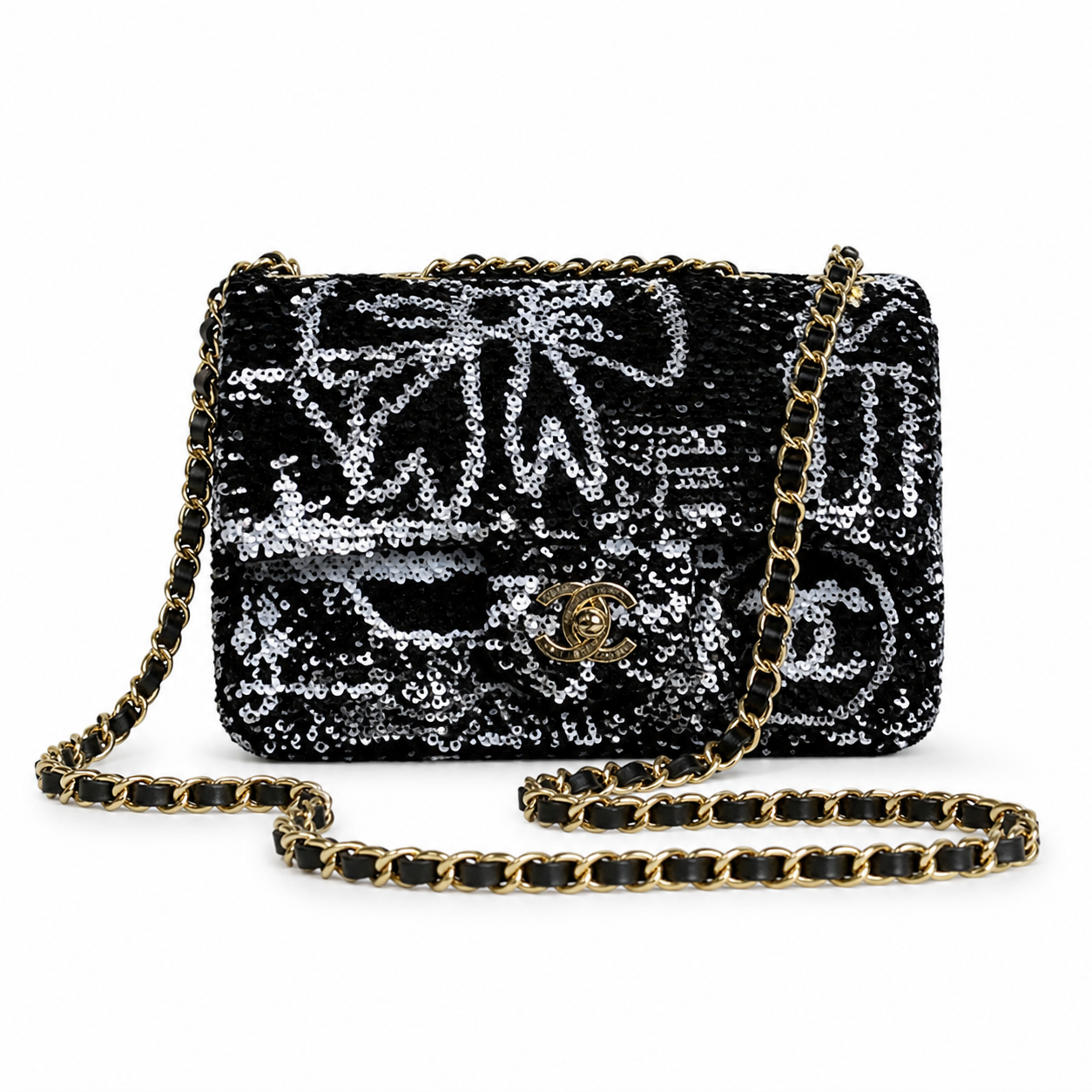 Chanel Black & Silver Sequin Hand-Drawn Flap Bag | Bow, Botanical Scrolls & Gestural Fills, Antique Gold CC