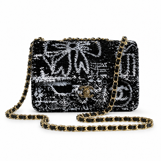 Chanel Black & Silver Sequin Hand-Drawn Flap Bag | Bow, Botanical Scrolls & Gestural Fills, Antique Gold CC