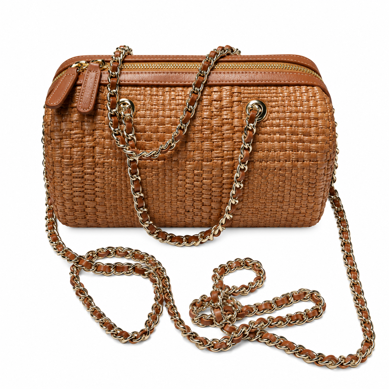 Chanel Raffia Barrel Bag Woven Caramel Gold Chain Extra-Long Strap 18.5cm