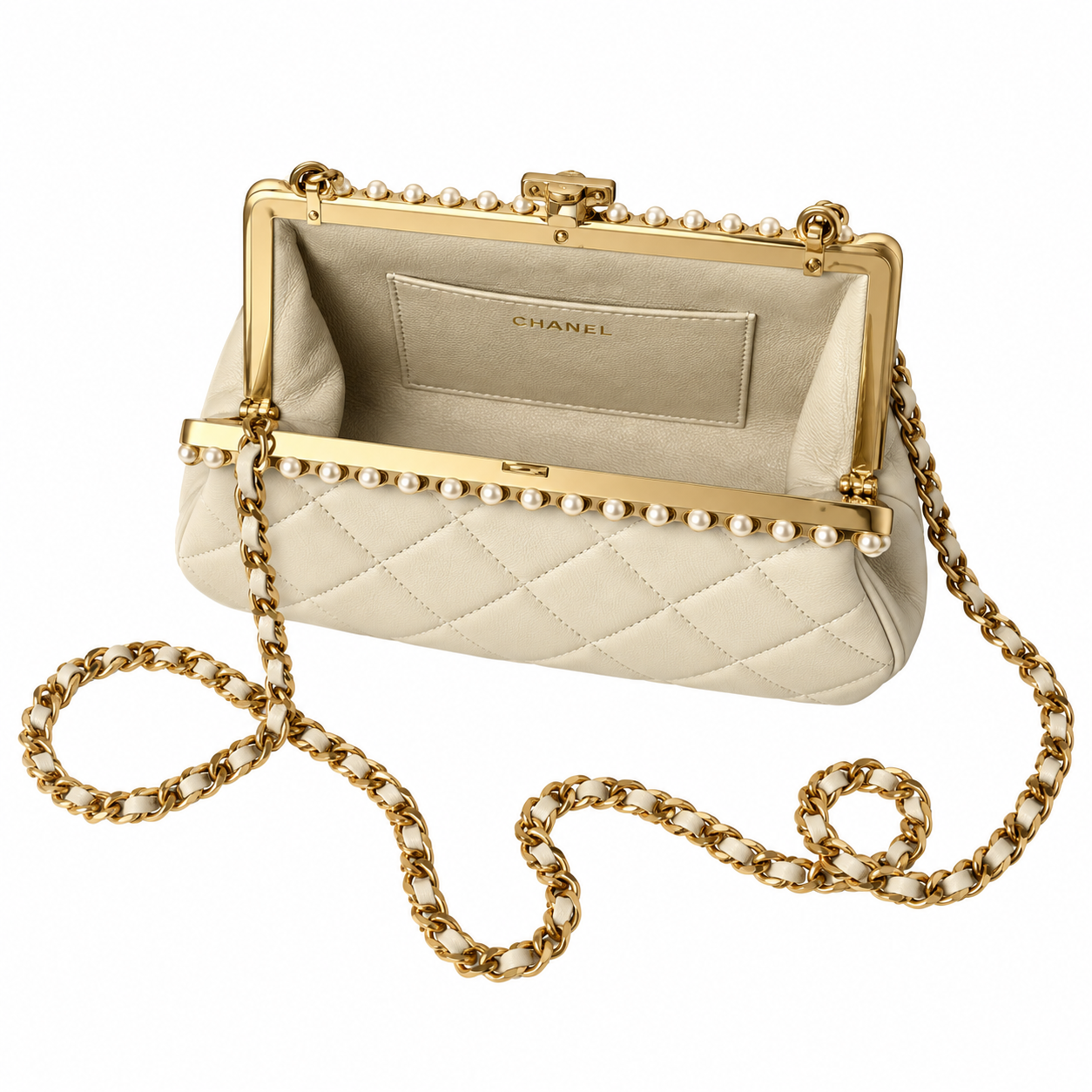 Chanel Pearl Frame Quilted Clutch Cream 10×20×7cm